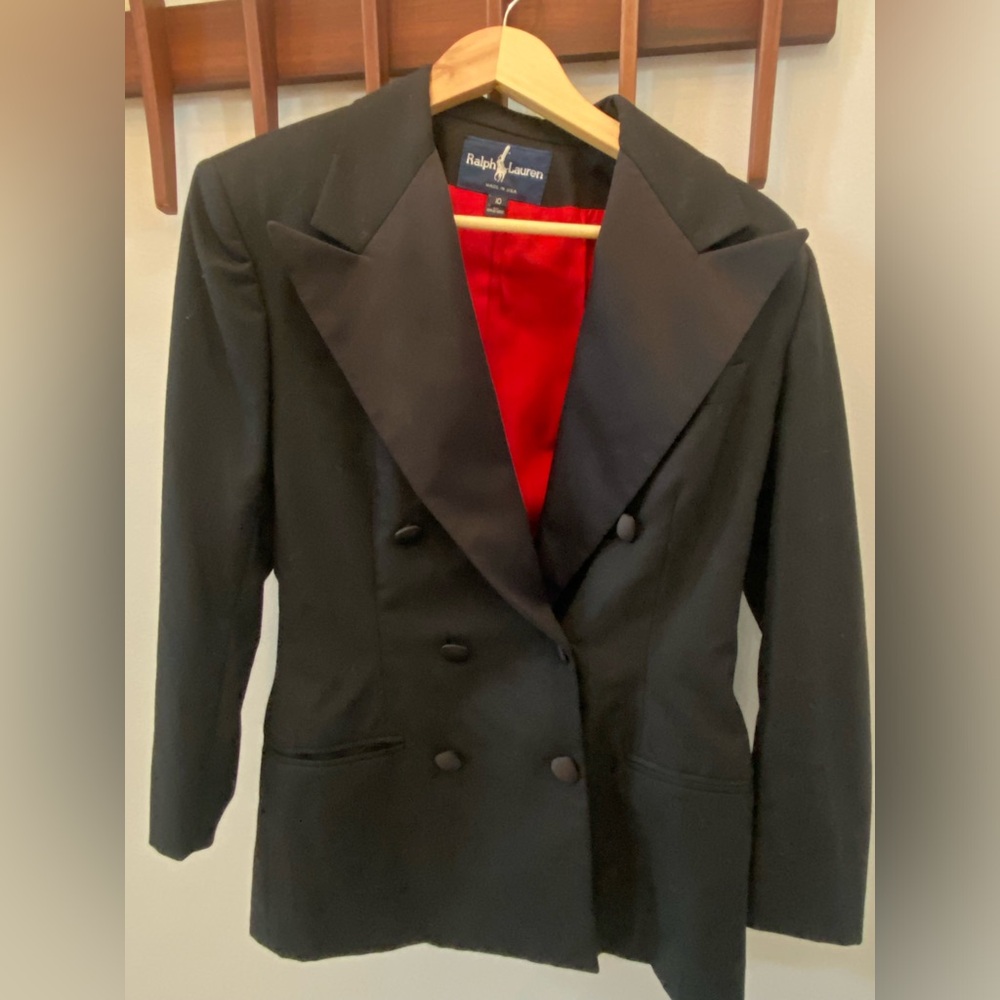 Vintage Ralph Lauren Black Silk Tuxedo Jacket with Red Lining Size 10